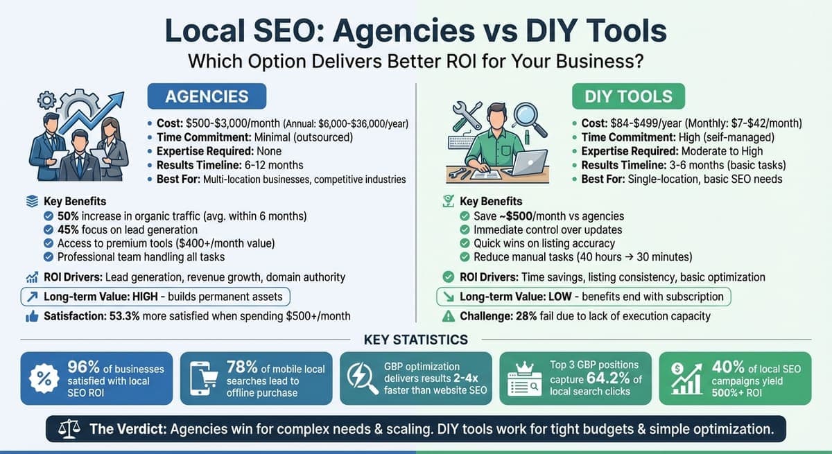 Local SEO Agencies vs DIY Tools: Cost, Timeline, and ROI Comparison