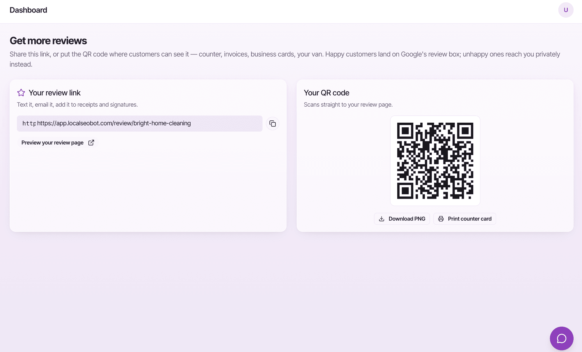 Get reviews page with review link and QR code