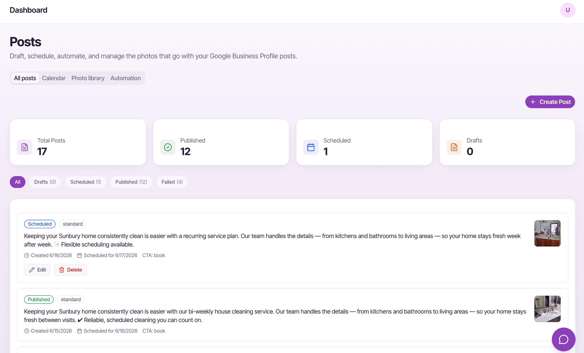 Posts dashboard with 12 published Google posts