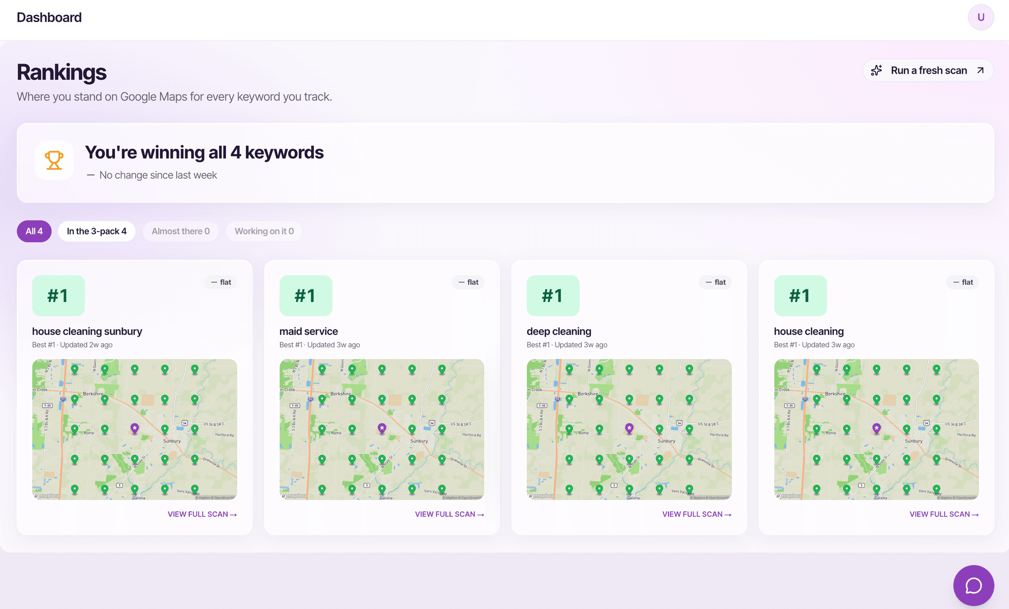 Rankings dashboard showing #1 for all four keywords