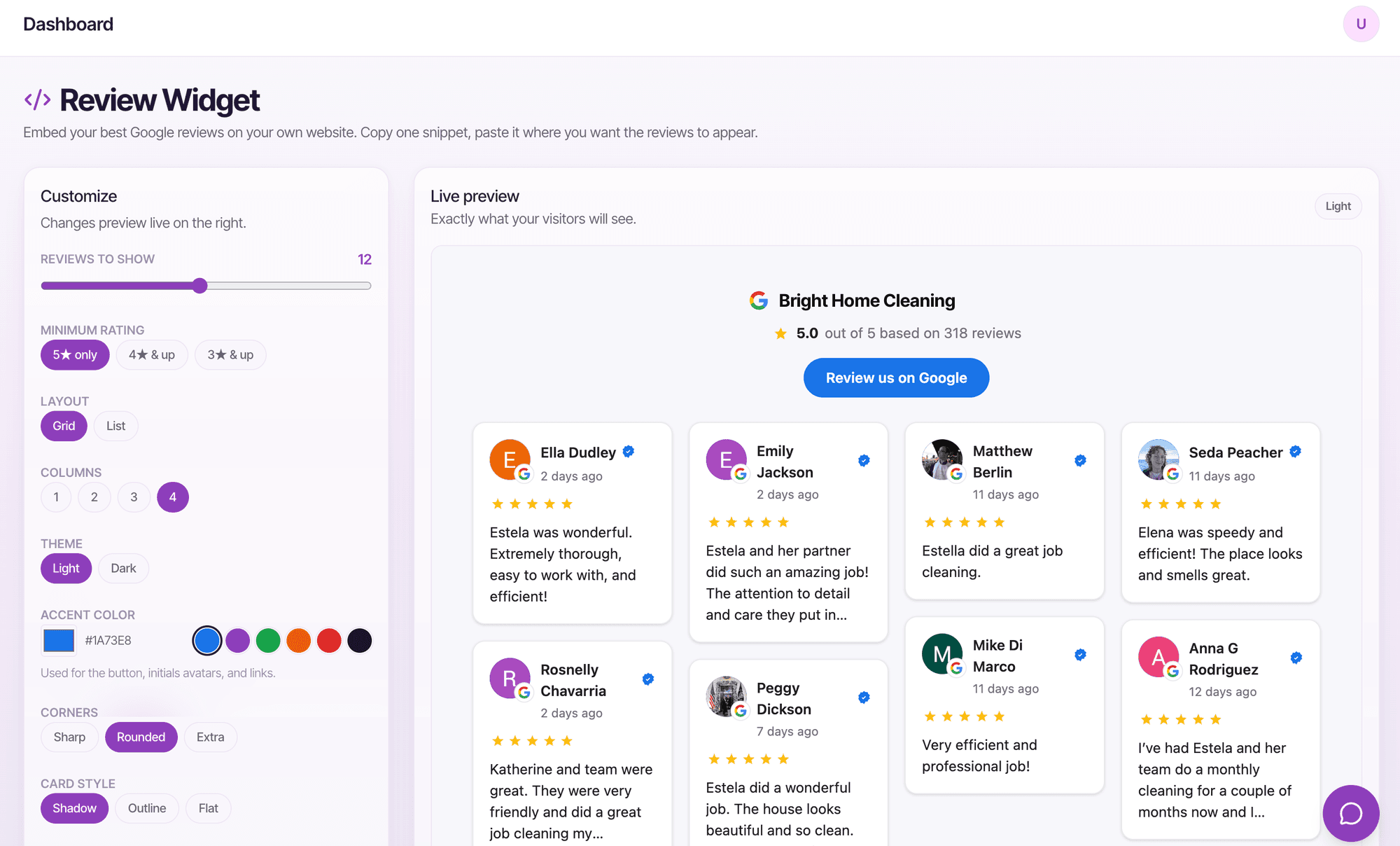 Review widget with a 5.0 rating from 318 reviews