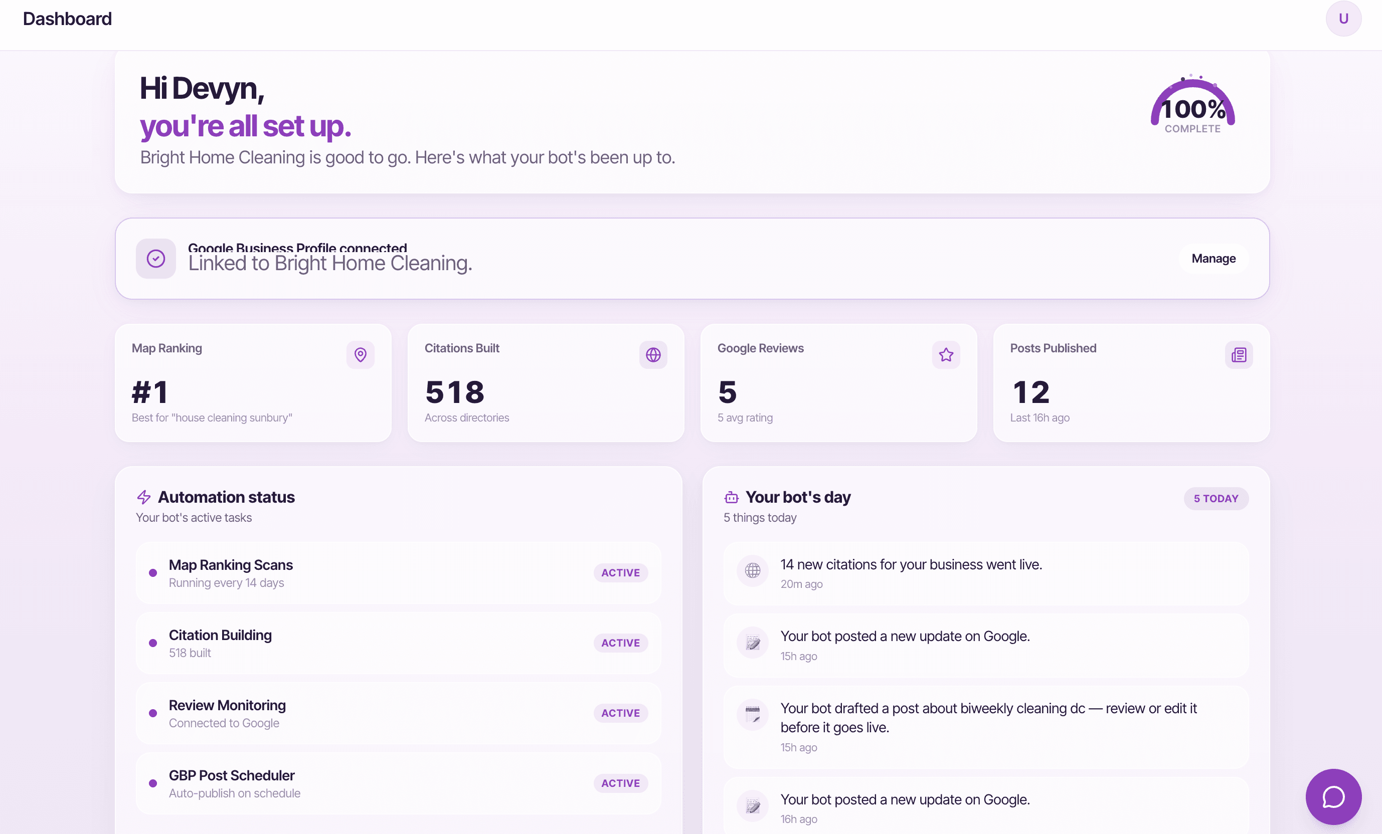 Local SEO Bot dashboard showing a #1 map ranking, 518 citations built, and automated posts and reviews